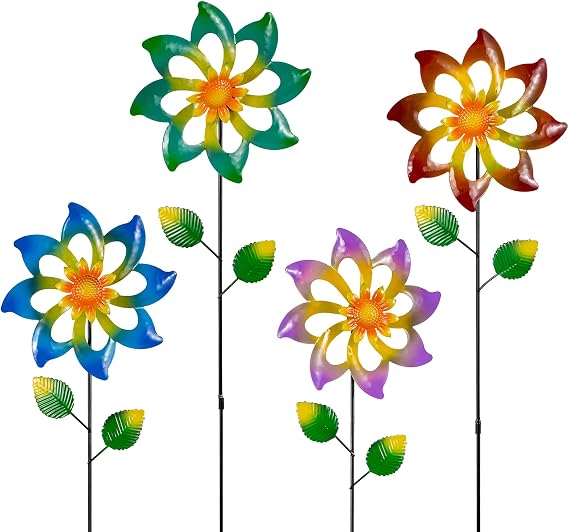 4 Pack Wind Spinners Outdoor, Colorful Metal Flower Windmill