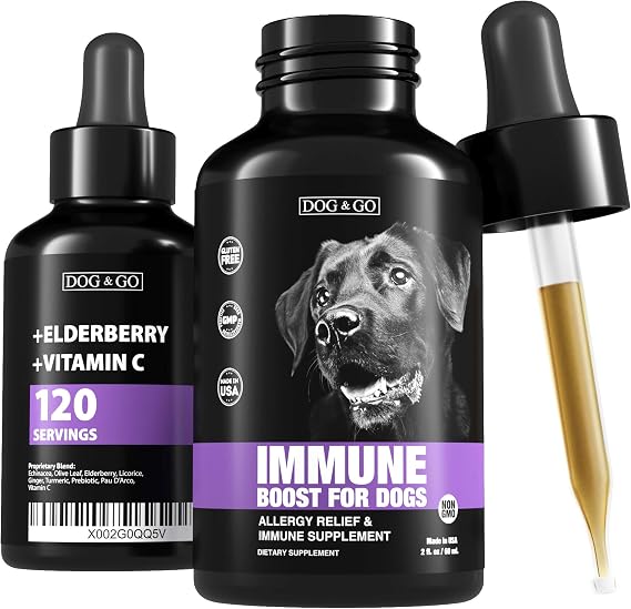 Dog Immune Booster - Allergy Immunity Vitamins - Liquid Multivitamin for Dogs: Elderberry, Turmeric, Prebiotic, Vitamin C - Made in USA - Immune System Support Drops for Puppy and Pets (1 Pack)