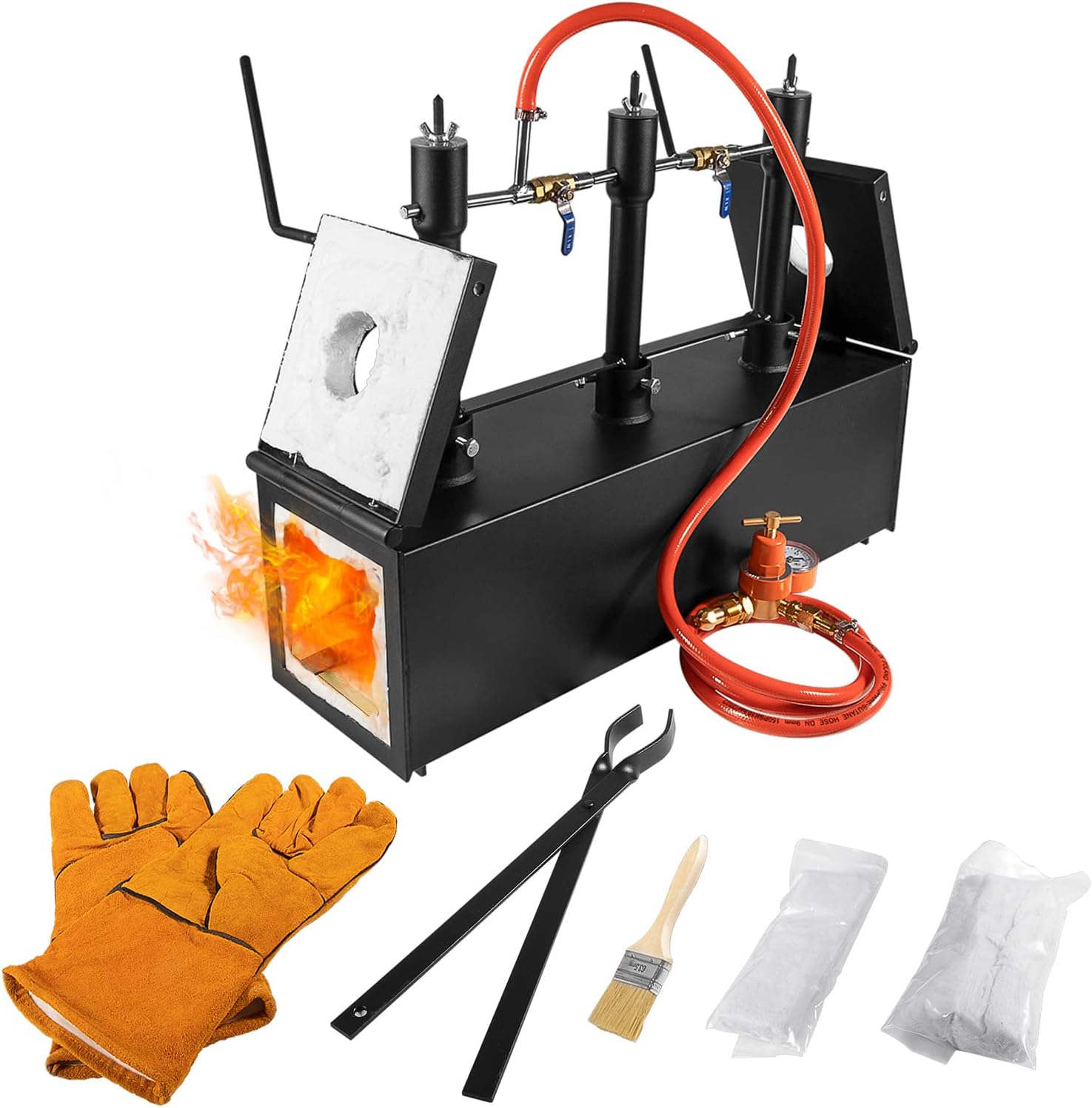 Triple Burners Portable Propane Gas Forge Three Burners 2700F/1482C Large Capacity Square Forging Furnace for Blacksmithing Farrier Knife Tool Making Equipment with Tong & Gloves 2-Doors