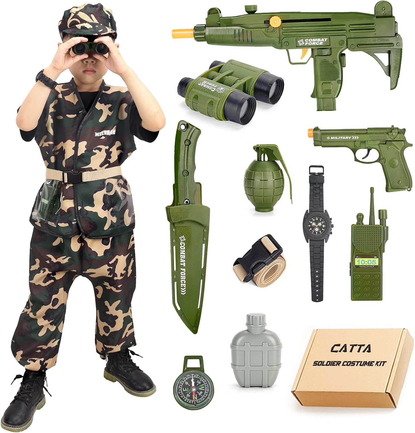 Army Costume for Boys Soldier Military Kit, Deluxe Camouflage Dress Up Halloween Role Play Set for Kids Aged 4-6