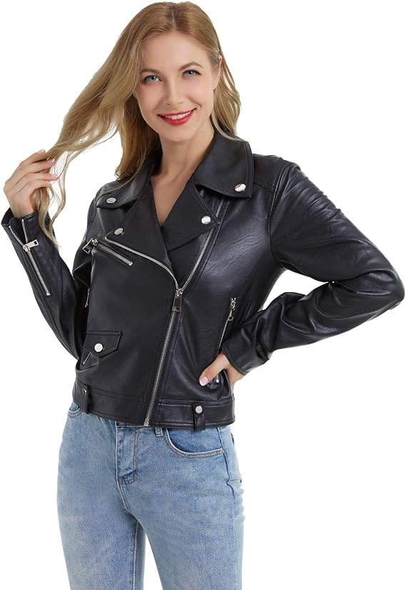 DIASHINY Faux Leather Jacket Women Cropped Leather Jacket PU Moto Biker Motorcycle Short Coat