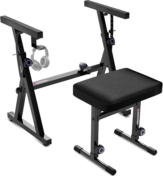 Liquid Stands Keyboard Stand and Bench Set - Portable Heavy Duty Digital Piano Stand for 54-88 Key Electric Pianos & Adjustable Piano Bench, Chair, Seat, Stool - Keyboard Music Accessories (Black)