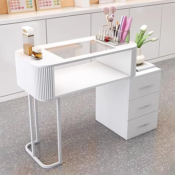 White Salon Nail Desk for Nail Tech 31.49IN (Side Drawer Cabinet)(Tempered Glass Top)(Elegant Fluted Design), Manicure Table with Minimalist Style
