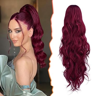BARSDAR Red Ponytail Extension - 20 Inch Wavy Claw Clip Ponytail Hair Extensions for Women - Synthetic Claw Clip in Pony Tails Hairpieces Daily Party Halloween - Red