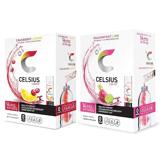 CELSIUS On-The-Go Powder Stick, Combo Pack of Dragonfruit Lime and Cranberry Lemon, 28 Piece Assortment
