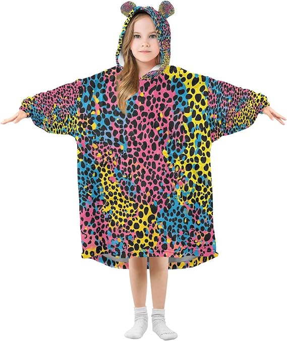 Leopard Spots Print Wearable Blanket Hoodie for Kids, Warm Cozy Sherpa Blanket Sweatshirt With Pocket
