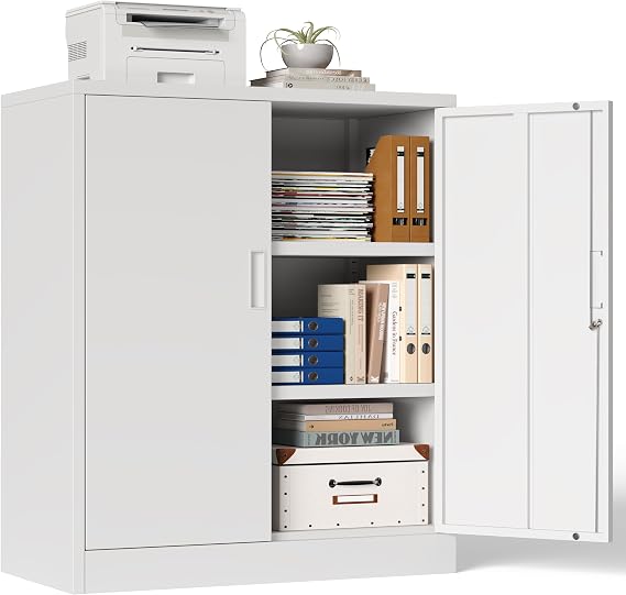 Metal Storage Cabinet, 90cm Locking Storage Cabinet with Doors & Shelves, Steel Storage Cabinet with 2 Adjustable Shelves for Garage, Home, Office, Utility Room, Assembly Required(White, 90 * 80 * 40)