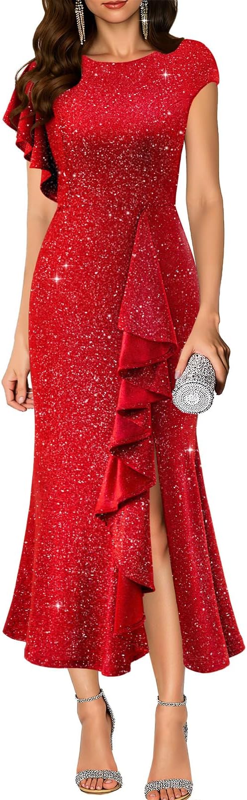 DRESSTELLS Christmas Holiday Party Dresses for Women, Sparkly Formal Wedding Guest Cocktail Long Evening Gown Gala Prom Long Bridesmaid Mother of Bride Winter Dress Red L
