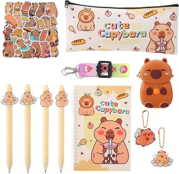Cute Capybara Stationery Gifts Set for Girls Boys Students | Capybara Stationery Set with Pencil Case,Multicolor Ballpoint Pen,Sticky Notes,Stickers,Keyring Office School Supply
