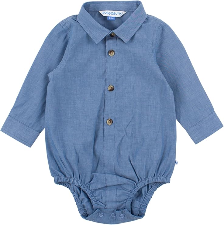 RUGGEDBUTTS Baby Boys Long Sleeve Button Down Bodysuit - Baby Boy Bodysuit | Infant Dresswear, One Piece Design, Shirt Style Look