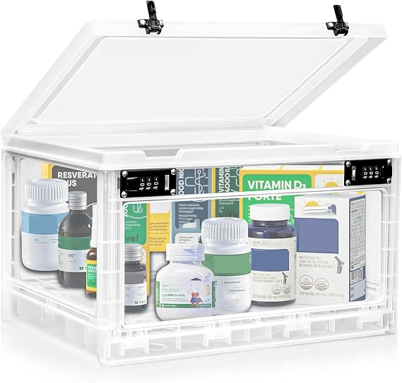 Large Medicine Lock Box with Dual 3-Digit Combination Locks, 24L Lockable Storage Box for Medication, Snacks, Phone, and Electronics - BPA-Free Organizer Bin for Home, Office, Fridge, and Safety