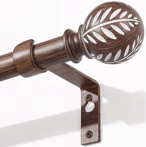 BRIOFOX Black Boho Wood Curtain Rods for Windows 28 to 48 Inch - 1 inch Diameter Heavy Duty Curtain Rods with Imitation Wood Grain Leaf Pattern