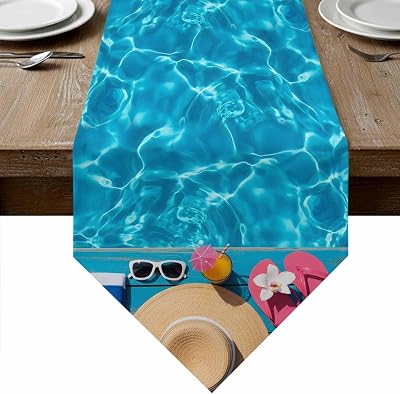 Swimming Pool Coffee Table Runner - 120 Inches Long, Blue Summer Beach Sea Ocean Dresser Scarf Dining Tabletop Decor for KitchenFarmhouseHoliday, 13 x 120 Inch