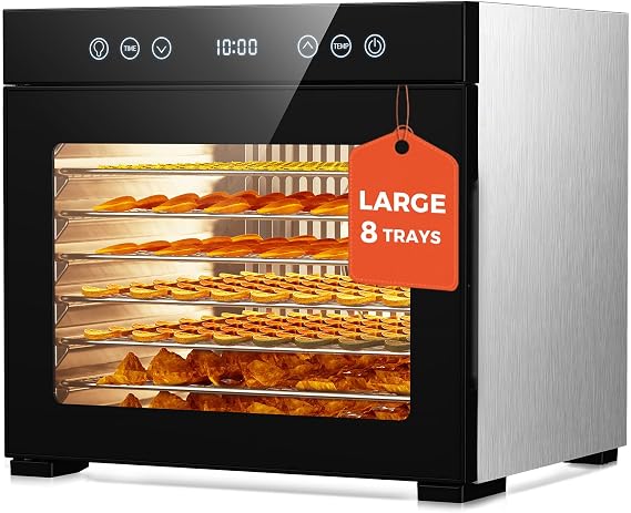 Food Dehydrator machine, 8-Tray Stainless Steel Food Dryer with Timer & Temp Controls, Even-Drying and Auto Shut-off, Quiet Dehydrator Machine for Jerky, Fruit, Herbs, Dog Treats, 650W Powerful