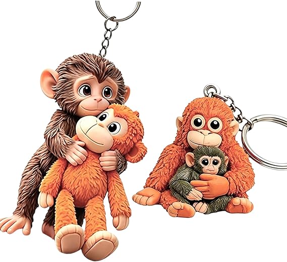 Monkey Keyring, Monkey Fist Keyring and Monkey Hugging Monkey Keyring Set, Two 3D Plush Monkey Keychains for Daily Key Organisation and Bag Decoration, Cute Animal Themed Accessories