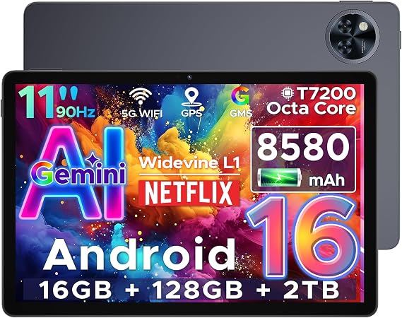 U11 Android 16 Tablet 11 Inch Gemini AI 16GB RAM +128GB ROM (2TB TF) 8580mAh Gaming Tablet Unisoc T7200 Octa-Core Widevine L1+13MP+5MP Tablets PC 2.4G+5G WLAN GMS/3.5mm Audio/OTG/GPS/Face ID