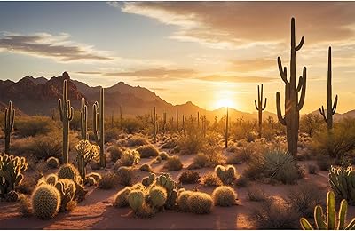 Sunset Desert Reptile Habitat Background Silhouette of Saguaro Cactus Arid Mountain Range Terrarium Background Cacti Sand with Dunes Aquarium Background Desert Mountain Fish Tank Background 24x16in