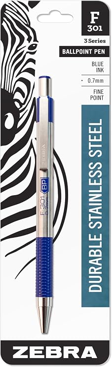 Zebra Pen STEEL F-301 Retractable Ballpoint Pen, Blue Ink, 0.7mm, 1-Pack