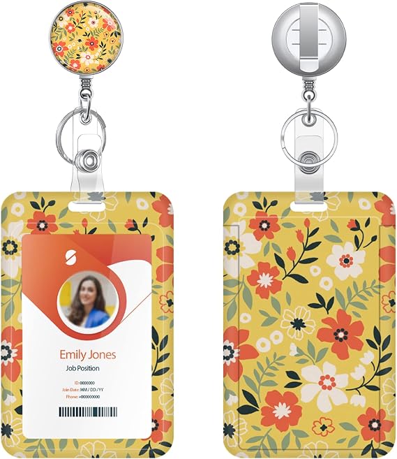 ID Badge Holder,Retractable Badge Reel with Vertical ID Holder Protector Badge Clip for Student Worker Nurse Teacher (Flower Yellow)