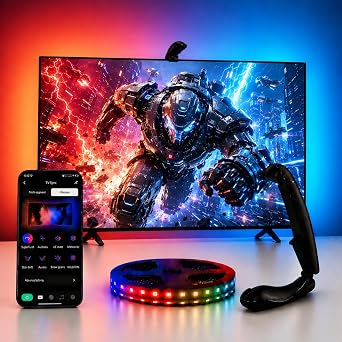 TV Backlight Sync to Screen with Sensor, 18ft RGB LED Light Strip for 75-85 Monitor, Smart App Control, Game & Music Sync Color Lighting