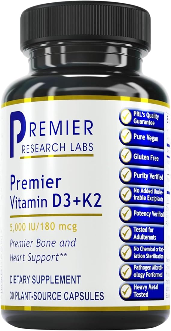 Premier Research Labs Vitamin D3 + K2 Supplements - Supports Bone & Heart Health, Gluten Free, 5000 IU Vegan Supplements, Tested Quality - 30 Plant-Source Based Capsules