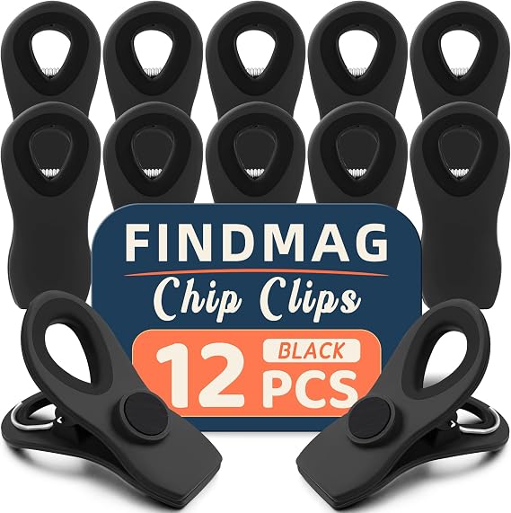 FINDMAG 12 Pack Chip Clips, Chip Bag Clips for Kitchen, Black | Kitchen Food and Snack Storage, Fridge, Office and RV Accessories with Magnetic Bag Clips, Airtight Seal Grip