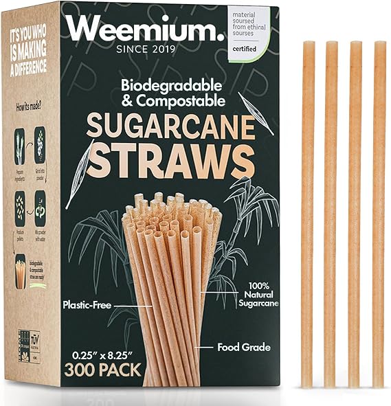 Weemium Sugarcane Straws 300 Pack | 100% Compostable & Biodegradable Straws | Plastic-free & Eco-friendly Drinking Straws