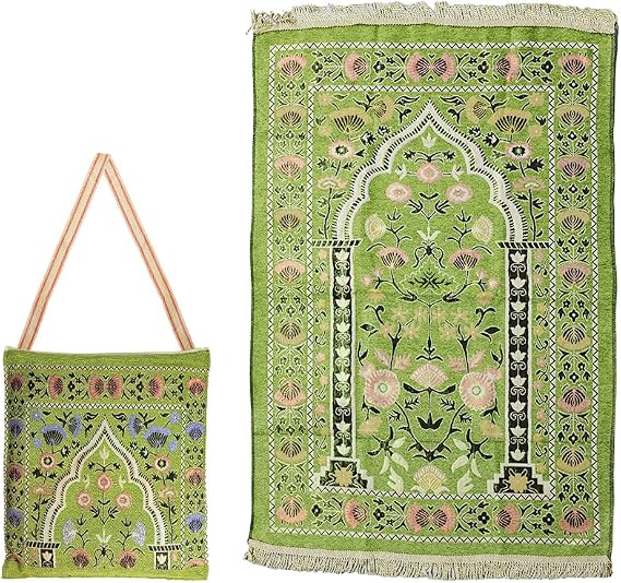Muslim Prayer Mat, Islamic Prayer Rug, Islamic Prayer Mat with Elegant Design Bag, Portable Foldable Prayer Rug, Ramadan Prayer Rug, Muslim Foldable Prayer Mat, for Ramadan (Yellow Green)