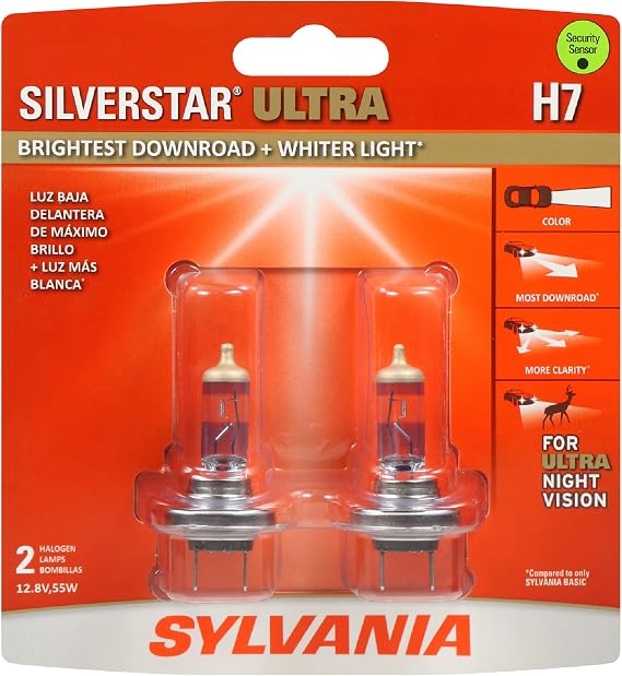 SYLVANIA - H7 SilverStar Ultra - High Performance Halogen Headlight Bulb, High Beam, Low Beam and Fog Replacement Bulb, Brightest Down Road with Whiter Light, Tri-Band Technology (Contains 2 Bulbs)