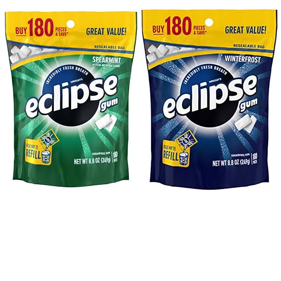 Eclipse Sugar Free Breath Mints Gum Variety Pack. Convenient One-Stop Shopping for Popular Eclipse Breath Mints: Spearmint and Winterfrost. Easy to Source With 1 Click. Snacking Heaven!