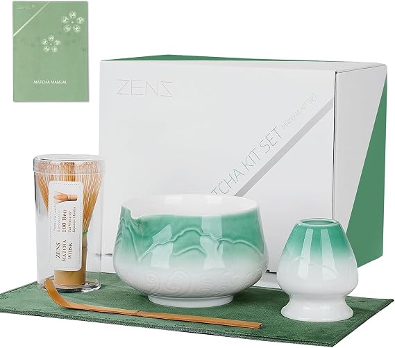 ZENS Matcha Whisk Set, Ceramic Matcha Set Includes Matcha Bowl, Matcha Whisk and Holder, Bamboo Scoop & Tea Towel - 5Pcs Matcha Kit for Matcha