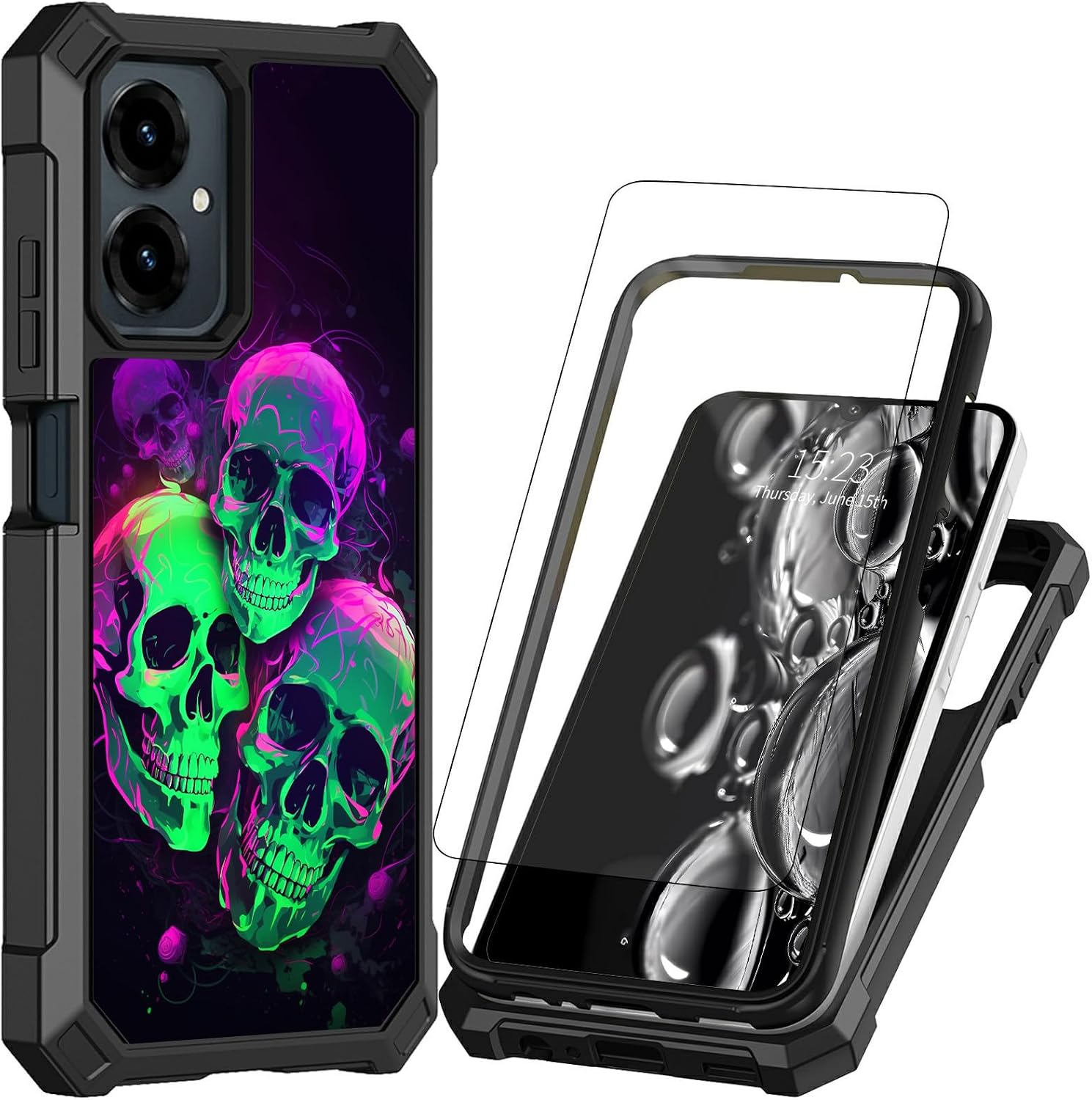 for Cricket Icon 2026 Phone Case,for AT&T Propel 3 5G Phone Case with Screen Protector [Tempered Glass] Dual Layer Protection Shockproof Corner Heavy Duty Cover,Green Purple Skull