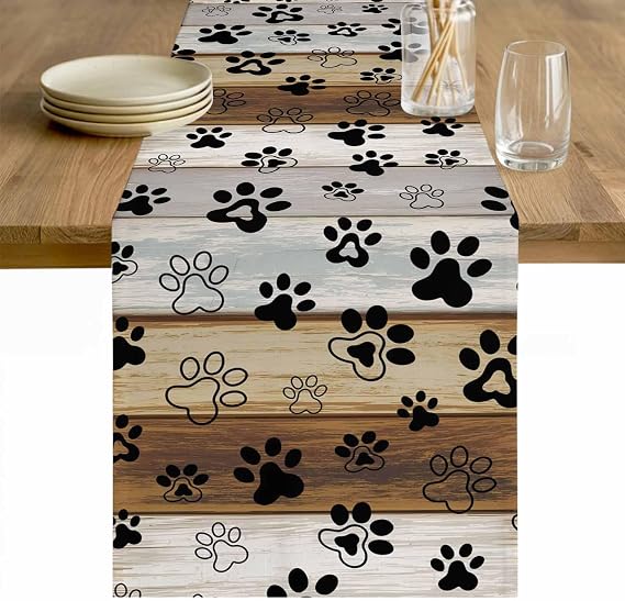 Beige Brown Dog Paw Prints Table Runner - 72 Inch Long Country Farmhouse Wooden Cotton and Linen Blended Dress Scarves Farmhouse Table Runner for Kitchen Dining, Coffee Table, 18" x 72"