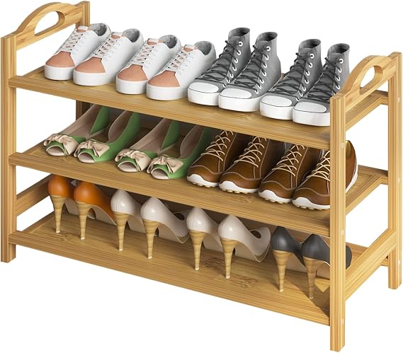 UDEAR Bamboo Shoe Rack 3-Tier Shoe Storage Organizer Entryway Shoe Shelf | Natural Bamboo, The Handle is Easy to Move, The Shelves Can be Removed, Suitable for The Entrance Hall.