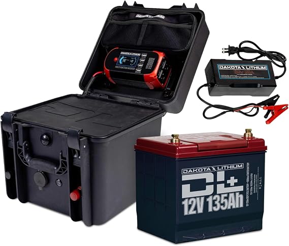 Dakota Lithium - Power Box with 12V 135Ah LiFePO4 Battery Included - 2000+ Deep Cycle Box with DC Inverter and USB Ports, Fishing, Marine - 1 Battery, Case, and Charger