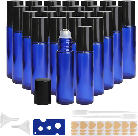 10ML Glass Essential Oil Roller Bottles,24 Pack blue Oil Roller Bottles for Essential Oils, refillable rollerball bottle(24 Labels, Opener, Funnel, Dropper Included)