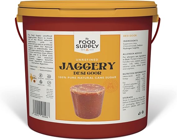 Jaggery, Goor (Cane Sugar) 5kg - Natural Sweetner, Sugar Alternative - Great Natural Replacement for White Sugar - Unrefiened