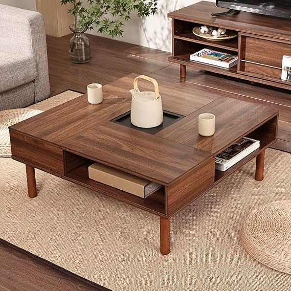 WAMPATローテーブル センターテーブル 正方形 木制 コーヒーテーブル ちゃぶ台 座卓 コンパクト収納 隠し収納スペース付き リビング用テーブル 幅80×奥行80cm×高さ33cm ウォールナット W02K2081A