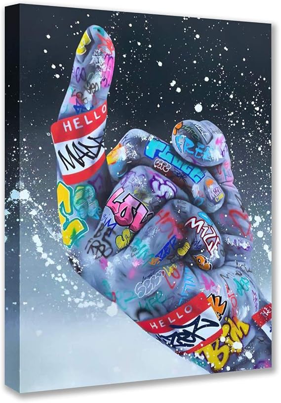 Banksy Pop Street Graffiti Art Paintings Middle Finger Gesture Pop Pictures Classic Street Artwork Graffiti Wall Art 1 Piece Prints on Canvas Living Room Home Decor Framed Ready to Hang (16''Wx24''H)