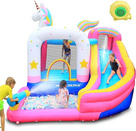 Doctor Dolphin Inflatable Bounce House Water Slides for Kids Backyard, Water Bounce House with Waterslide, Blow Up Kids Bouncy House for Wet and Dry(Blower Included)
