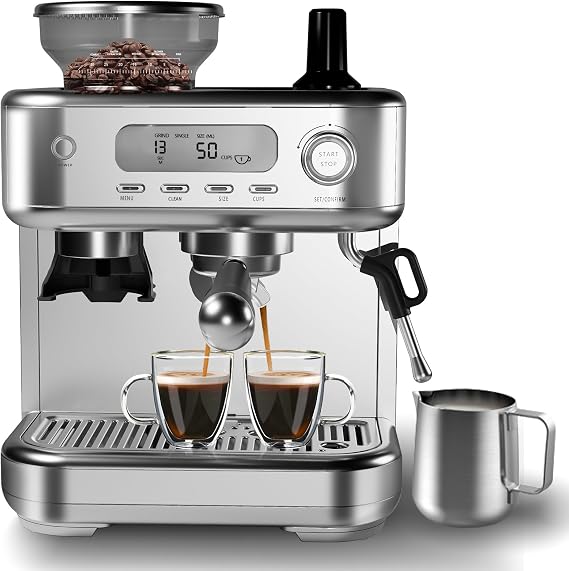 Espresso Coffee Maker, 15 Bar Professional Espresso Coffee Maker with Built in Grinder, LED Display, Self-Clean, Barista Coffee Machine Kit, Latte Machines for Home Barista, Office, Grey