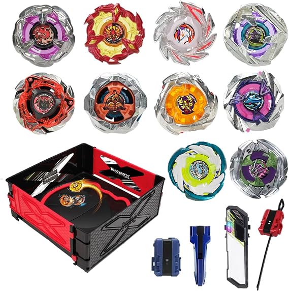 Gyro X Battling Set, 10 Spinning Tops, 2 Launchers with Storage Box, Kids Toys Birthday Gift Ideal for 6+ Years Old Boys Kids (B-12)