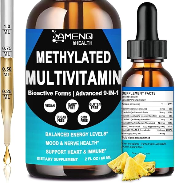 Methylated Multivitamin for Women Men, Methy B Complex with L Methylfolate | Mthfr Supplement w. VIT C D B12 Folate & TMG, Support Focus Energy & Brain Fuction, Daily Multivitamins & Multimineral Liquid
