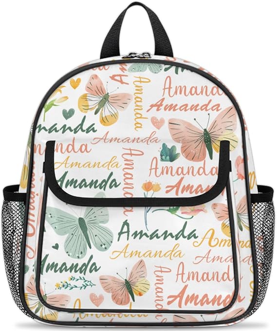 Personalized Toddler Backpack - Custom Kids Backpack for Boys & Girls 3-6 Years, Lightweight Polyester with Safety Whistle Strap, Small Daycare Bookbag | Butterfly Pink Green