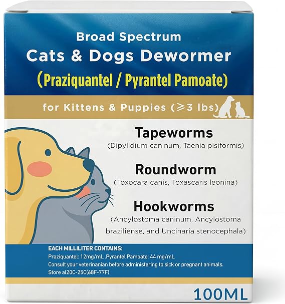 Dewormer for Cats & Dogs Broad Spectrum Praziquantel & Pyrantel Pamoate Tapeworm, Roundworm & Hookworm Easy to Dose for Kittens & Puppies
