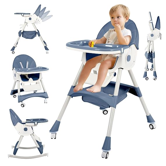 6 in 1 High Chairs for Babies and Toddlers,Portable Foldable High Chair with Wheels& Pu Cushion, Adjustable Height, Reclining Seat, 5-Point Safety Harness, Removable Tray