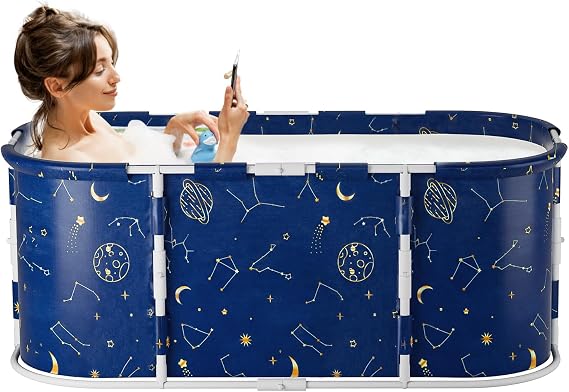 120cm Foldable Bathtub for Adults & Kids, Extra Wide Freestanding Soaking Tub with Reinforced Plastic Frame, Portable Collapsible SPA Tub for Bathroom/Outdoor, Deep Relaxation Soaker (B)