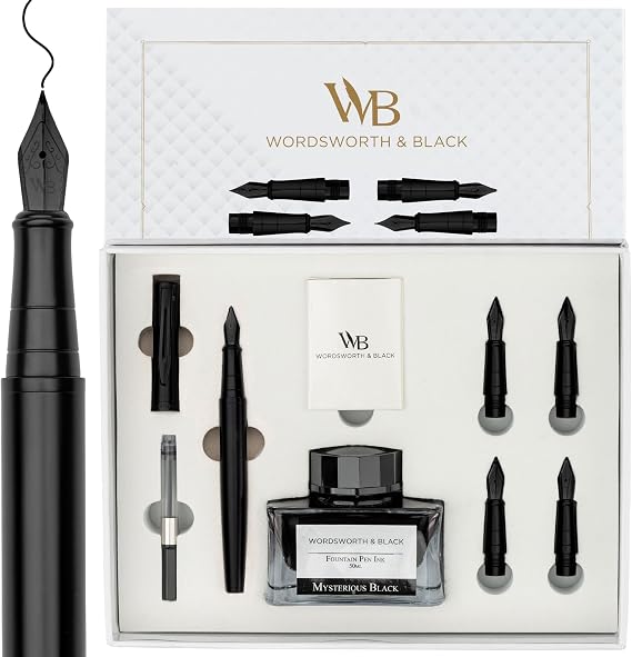 Wordsworth & Black Luxury Fountain Pen Set for Writing, 6 Nibs, All Black
