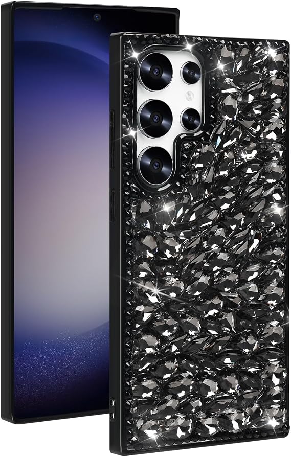 Compatible with Samsung Galaxy S25 Ultra Glitter Case 3D Glitter Sparkle Bling Case Crystal Rhinestone Diamond Bumper Clear Gems Cute Protective Girly Case for Galaxy S25 Ultra, Black