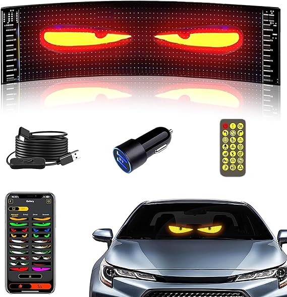 Flexible Devil Eyes Light for Windshield,LED Sign for Car,LED Digital Panel with Animations, Remote Control & Bluetooth APP for Cars,SUVs,Trucks(14.6'' * 3.6''-1PCS)
